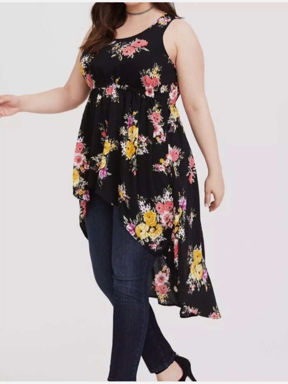 Torrid Women's Babydoll Challis Hi-Low Tank Black Floral Plus Size 2X Sleeveless